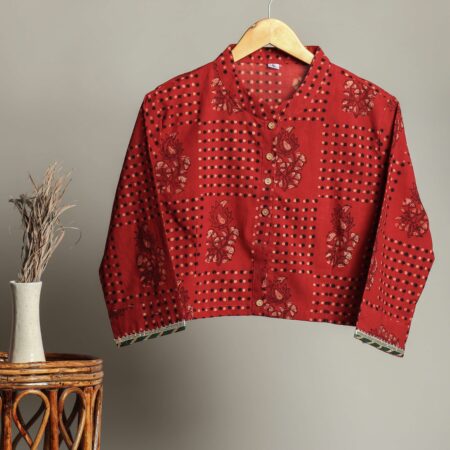 Hand Block Print Cotton Shirt for Women ? Red Floral Printed Button-Down Top with Full Sleeves